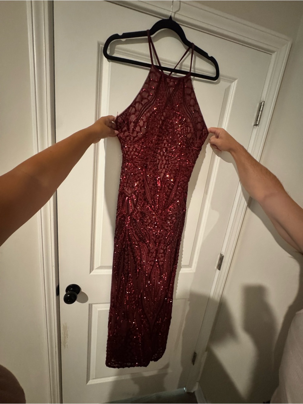 Night Way Collections Burgundy Sequin Halter Maxi Dress